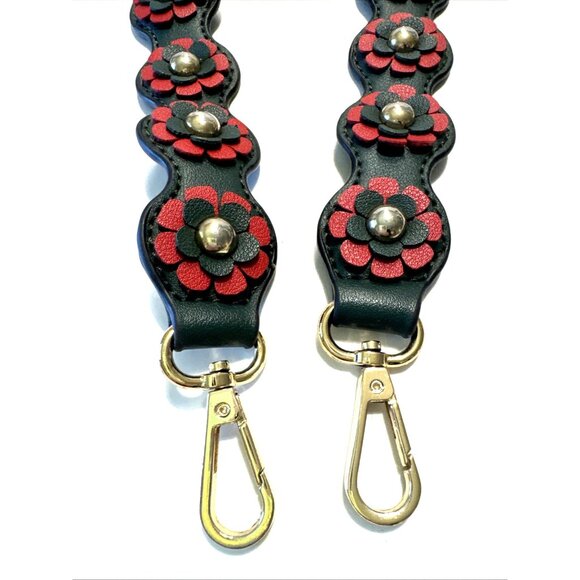 Purse Strap Green & Red Floral with Gold Tone Hooks - Picture 2 of 4